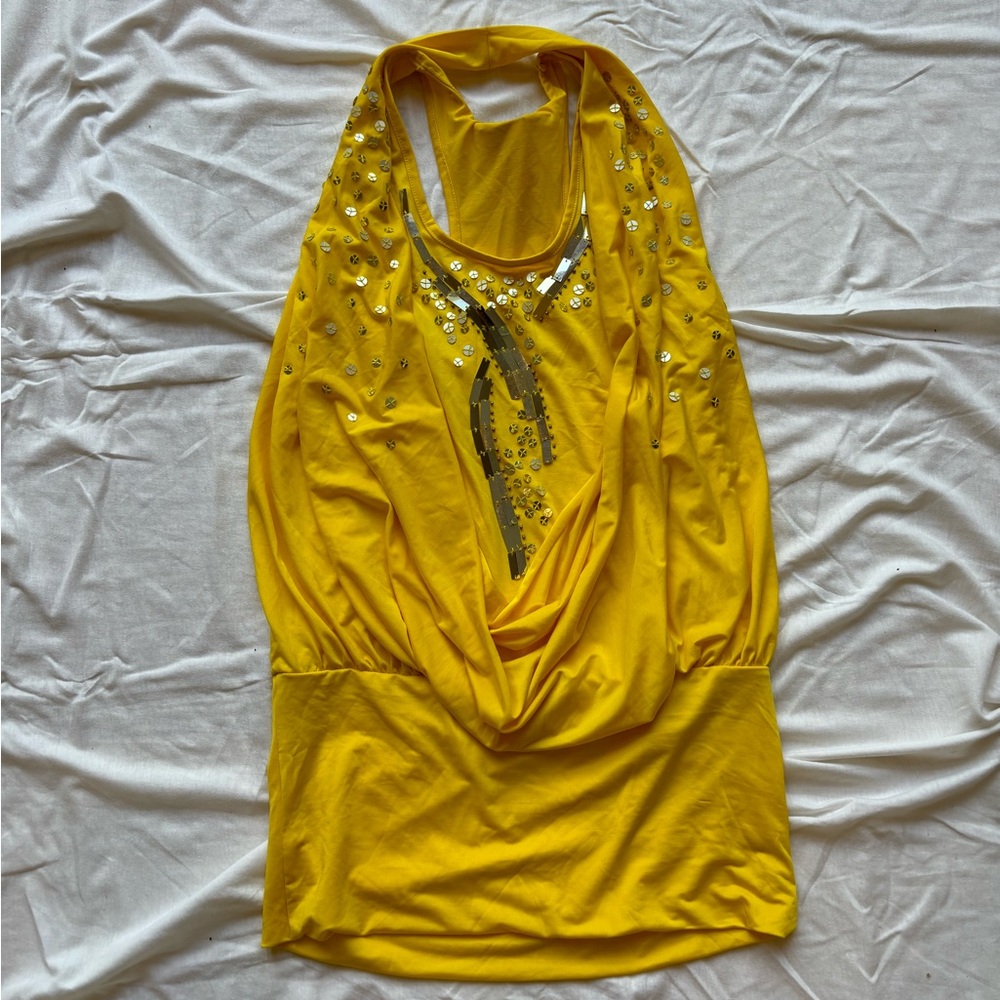 vintage bright sunshine yelloww y2k party sequin flouncy cowl neck tank top